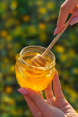 a girl holds a jar of honey on the palm of her hand against a background of yellow flowersの写真素材