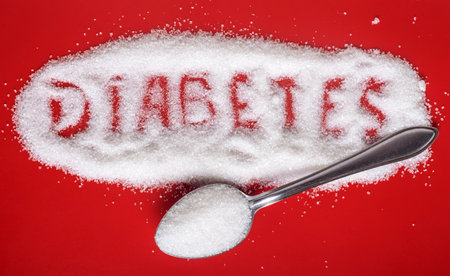 the word diabetes is written on sugar sand with a spoon on a red background with a copy of the spaceの写真素材