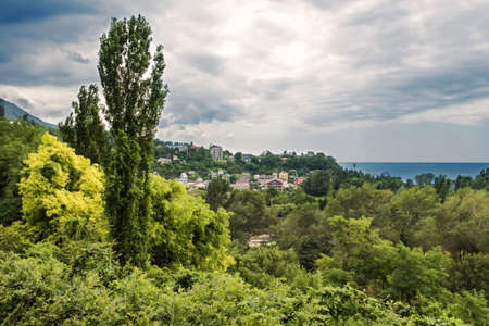 Panoramic view of the Black Sea coast and the resort town in Russiaの写真素材