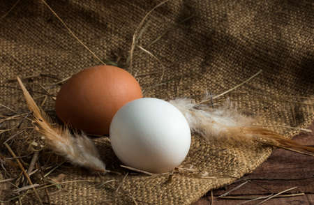 white and brown eggs with feathers on a brown wooden background with burlapの写真素材