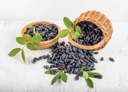 Ripe honeysuckle berries in a basket and in a saucer on a white background top view.の写真素材