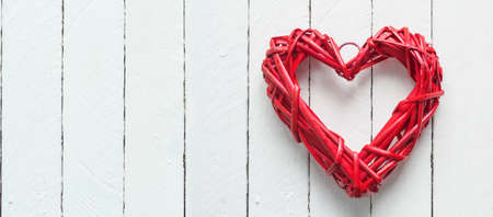 One big red heart on the background of wooden boards, Valentines Day with a copy of the spaceの写真素材