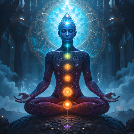 Yoga meditation woman in the yoga lotus position with seven chakras