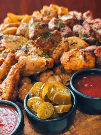 Marinated chopped jalapeno in a bowl, served with grilled meatの写真素材