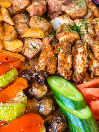 Grilled vegetables and meat are served in the restaurant with fresh vegetables and herbs, top viewの写真素材