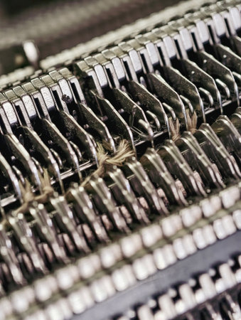 A close-up of a working knitting machine demonstrating industrial knitting production