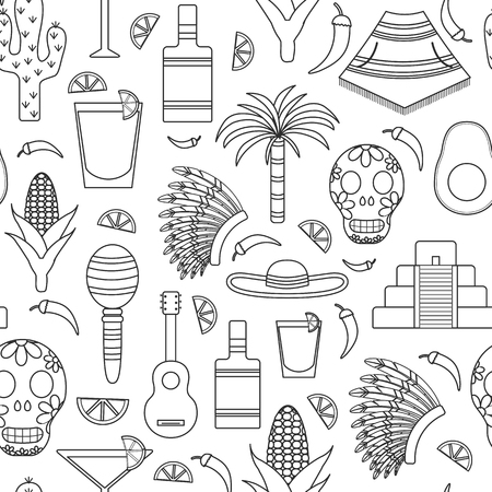 Seamless background with outline objects on Mexico theme: sombrero, poncho, tequila, coctails, taco, skull, guitar, pyramid, avocado, lemon, chilli pepper, cactus, injun hat, palm. Travel concept. National mexican objects in vector. You can use it for youのイラスト素材