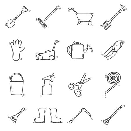 Set of cute hand drawn outline icons on garden theme. Outdoor concept with garden tools objects: watering can, gloves, cutter, pitchfork, shovel, boots, rake, secateurs, pushcart, bucket, hose, sprayer for your designのイラスト素材
