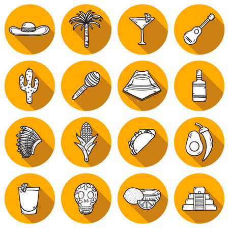 Set of cute hand drawn shadow outline icons on Mexica theme: sombrero, poncho, tequila, coctails, taco, skull, guitar, pyramid, avocado, lemon, chilli pepper, cactus, injun hat, palm. Isolated national mexican objects in vector. You can use it for your meのイラスト素材