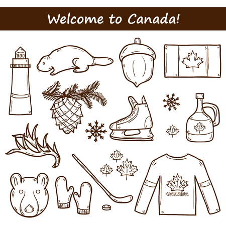 Set of cartoon hand drawn objects on Canada theme: maple syrup, hockey stick, puck, bear, horn, flat. Travel north america concept for your designのイラスト素材