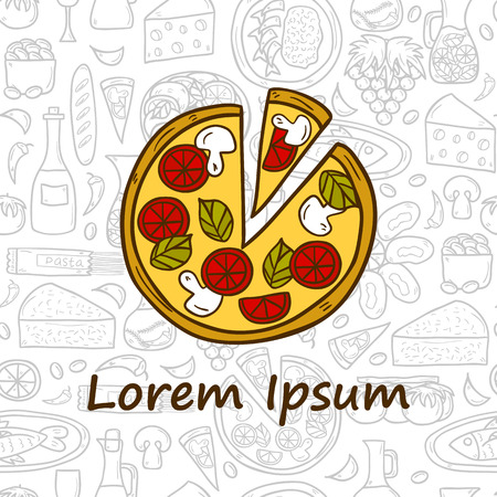 food concept with pizza and seamless background on Mediterranean cuisine theme: tomato, pasta, wine, cheese, olive. Great for restaurant menu, cardのイラスト素材