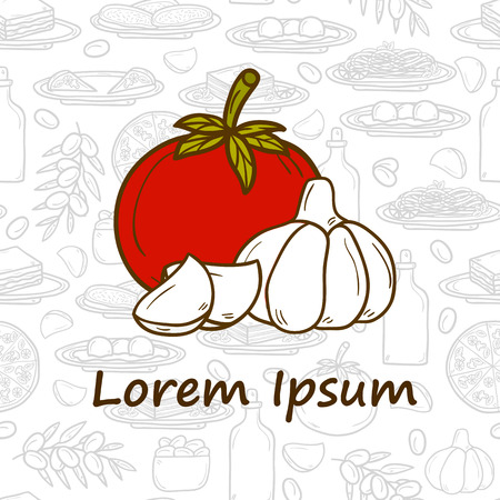 food concept with cartoon objects and seamless background on Mediterranean cuisine theme: tomato, pasta, wine, cheese, olive. Great for restaurant menu, cardのイラスト素材