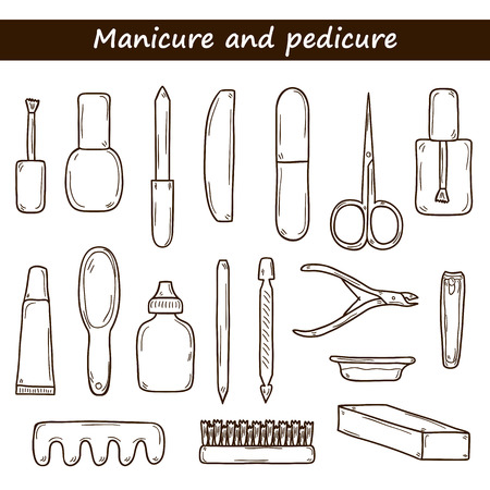 Set of cute hand drawn objects on manicure pedicure theme: clippers, polish, file, nipper, creams. Beauty concept for your designのイラスト素材