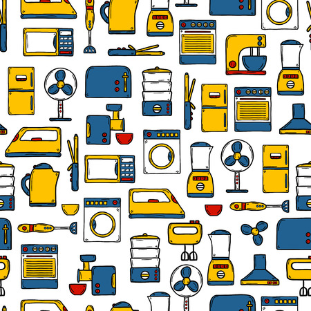Seamless background with objects in hand drawn cartoon style on home appliance theme: fridge, kettle, microwave, steamer, mixer, iron, stove. House care and housekeeping concept for your designのイラスト素材