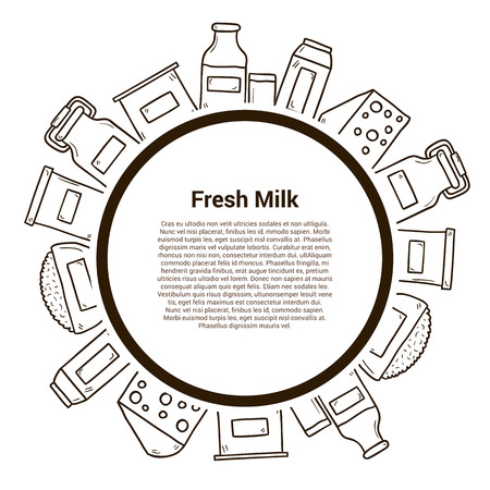 Milk products vector concept with hand drawn objects and copyspace. Lactose diet and fresh natural milk template. Set of modern hand drawn objects with products containing lactose: milk bottle, glass, cheese, cottage, cream, yogurt. Great for healthy magaのイラスト素材
