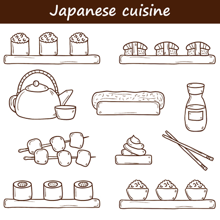 Set of cute cartoon hand drawn icons on japanese cuisine theme: tea pot, rolls, sushi, wasabi, caviar. Ethnic travel concept. Great for restaurant menu, food siteのイラスト素材