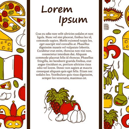 Vector Europe or Italy travel concept with cartoon objects and seamless background in hand drawn style: gondola, food, mask, pisa, coliseum, olive oil for your designのイラスト素材