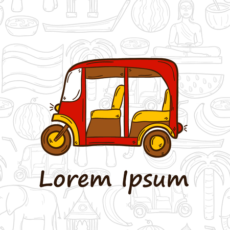 Vector Thailand concept in hand drawn style with car and seamless backgroundのイラスト素材