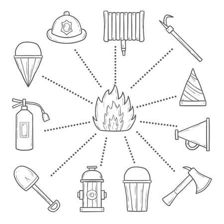 Set of cartoon hand drawn firefightering objectsのイラスト素材