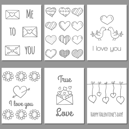 Ser of cute Valentine's Day cards in hand drawn styleのイラスト素材