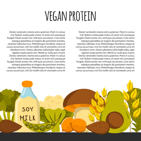 Background with cartoon objects on vegan source of protein theme: tofy, soya beans and milk, quinoa, lentil, chia. Healthy vegetarian food concept for your designのイラスト素材