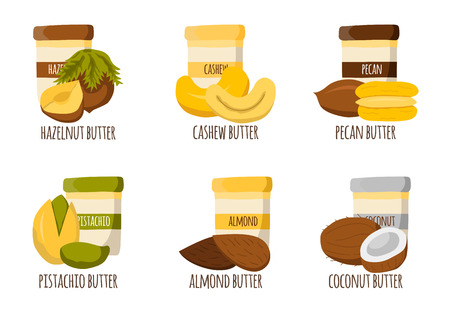 Nuts butter types. Healthy snack, breakfast, lunch. Natural organic raw food concept.  Organic store, market. High-calorie food. Vegan, vegetarian source of protein. Nuts butter in cute cartoon jarsのイラスト素材