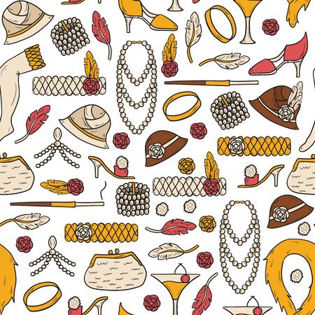 Seamless background with retro fashion 1920s 1930s objects: women hats, clothes, jewelry. Chicago party style. Old-fashioned retro-styled design. Simple hand drawn cartoon styleのイラスト素材