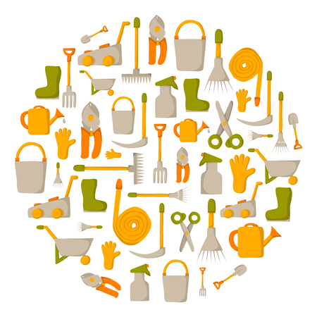 Vector round background and textspace with cute cartoon objects on garden tools theme for your design. Garden rural  farm work conceptのイラスト素材