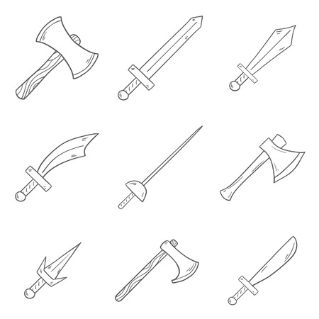 Set of historical steel arms icons in cartoon hand drawn style. Vector objects on game weapon themeのイラスト素材