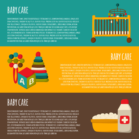 Background with cute cartoon objects on baby theme and text space. Baby care concept with cartoon objects: carriage, nipple, building blocks, baby crib, beanbag, diapers, baby monitor, baby bathのイラスト素材