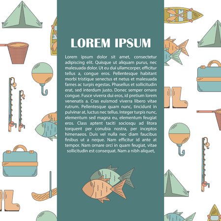 Vector illustration with fishing infographics. Line fishing equipment. Vector background for fishing infographics with textspace. Fishing card or poster. Outdoor hobby fishing infographicsのイラスト素材