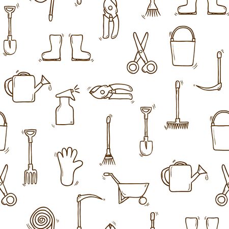 Seamless background, cartoon hand drawn garden theme objects. Outdoor concept, tools objects: watering can, gloves, cutter, pitchfork, shovel, boots, rake, secateurs, pushcart, bucket, hose, sprayerの写真素材