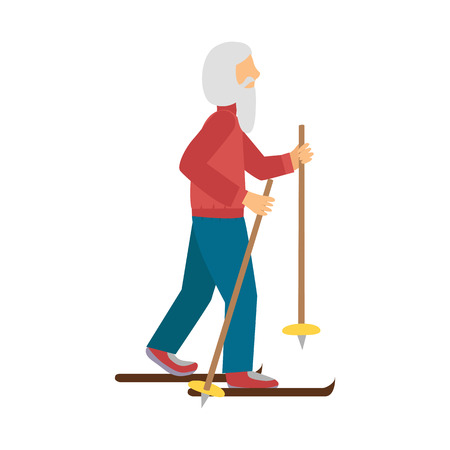 Vector illustration with cartoon old man with ski. Cartoon character. Old people activity. Vector gym healthy lifestyle. Sport for adult old people. Cartoon active man backgroundのイラスト素材
