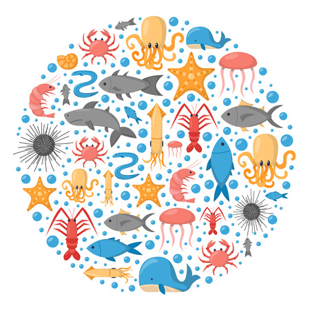 Vector cartoon illustration, sea animals background: crab, octopus, jellyfish, shark, whale. Children book cartoon cover or illustration. Fish market or aquarium vector icons. Underwater creatureのイラスト素材