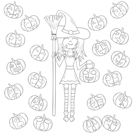 illustration with cartoon Halloween witch with broom and pumpkin lantern.のイラスト素材