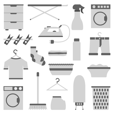 Vector illustration with flat laundry room objects. Washing machine, dryer, iron, clothes hanger, ironing board, laundry basket. Vector house interior icons. Household flat equipment for laundryのイラスト素材