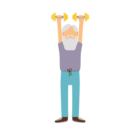 Vector illustration with cartoon old man with dumbbells. Cartoon character. Old people activity. Vector gym healthy lifestyle. Sport for adult old people. Cartoon active man backgroundのイラスト素材