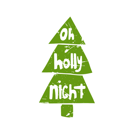 Vector cartoon illustration, cute doodle hand drawn Christmas tree for holiday design. Happy New Year, Merry Christmas background. Texture green tree, lettering Holly Night. Vector card, invitationのイラスト素材