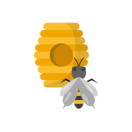 Vector cartoon illustration with beehive and bee. Sweet honey icon concept. Beekeeping, apiary, apiculture background design. Vector sweet bee honey objects. Isolated yellow hiveのイラスト素材