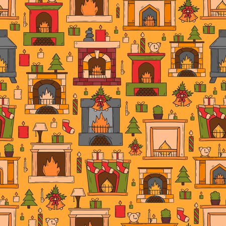Vector cartoon illustration with cute hand drawn fireplaces background. Different types of fireplace: classic, retro, brick, wooden, metallic. House interior. Christmas concept. Warm cozy fireplaceのイラスト素材