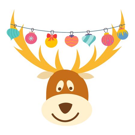 Vector cartoon illustration with cute Christmas brown deer. Happy New Year and Merry Christmas card concept. Holiday invitation background. Child book illustrationのイラスト素材
