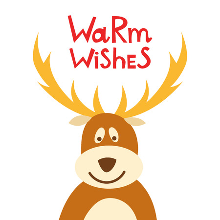 Vector cartoon illustration with cute Christmas brown deer. Happy New Year and Merry Christmas card concept. Holiday invitation background. Child book illustrationのイラスト素材