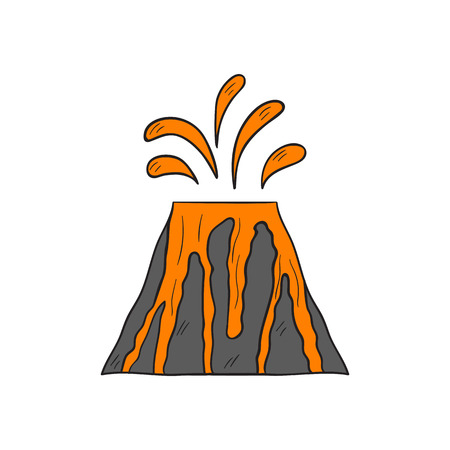 Vector cartoon illustration with isolated grey volcano and orange lava ejection. Hand drawn dangerous nature cataclysm icon. Orange magma from volcano. Vector backgroundのイラスト素材