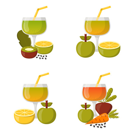 Vector illustration with cartoon summer ingredients for detox smoothie. Vegetables, fruits, chia seeds cartoon background. Fresh detox smoothie vitamin healthy living. Vegan diet, vegetarian lifestyleのイラスト素材
