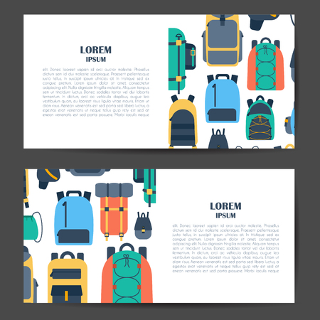 Vector illustration with cartoon flat backpack and sport suitcase. Flat school backpack. Mountain tourist equipment.のイラスト素材