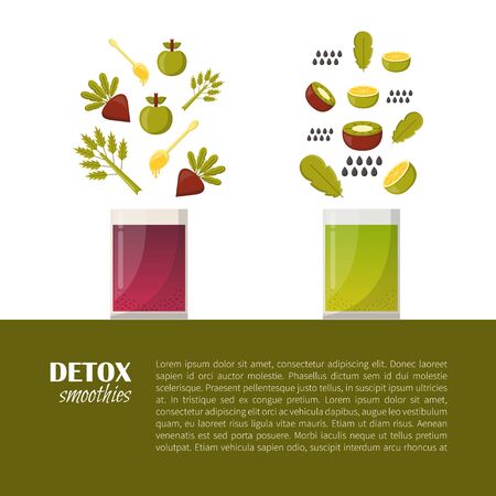Vector illustration with cartoon summer ingredients for detox smoothie. Vegetables, fruits, chia seeds cartoon background. Fresh detox smoothie vitamin healthy living. Vegan diet, vegetarian lifestyleのイラスト素材