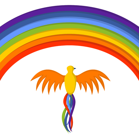 Vector illustration with cartoon colorful exotic bird and rainbow. Vector children book cover illustration. Cartoon colorful rainbow background. Fantasy world conceptのイラスト素材