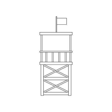 Vector illustration with line flat isolated life guard beach tower. Security on water icon. Wooden tower with red flag. Vector beach icon isolated on white backgroundのイラスト素材