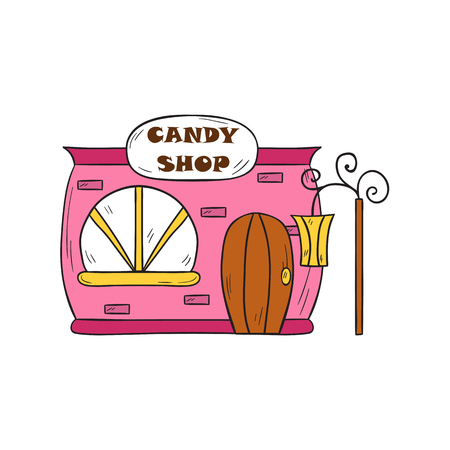 Vector illustration with cartoon isolated hand drawn candy shop building. Sweet store background. Tasty dessert market icon. Cartoon candy shop front with door, window, streetlight. Food market iconのイラスト素材