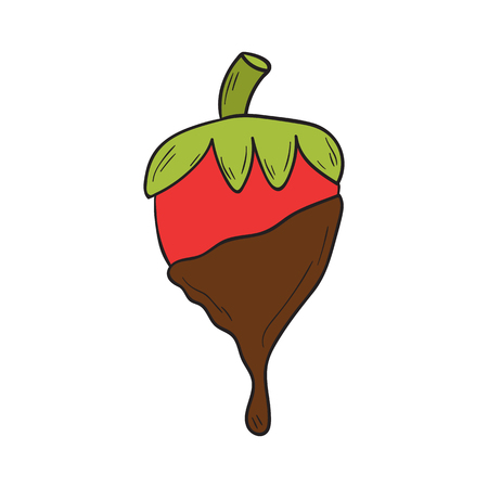 Vector cartoon illustration with hand drawn isolated red strawberry in liquid chocolate. Sweet tasty snack for valentine day. Delicious dessert food icon. Strawberry and chocolate backgroundのイラスト素材